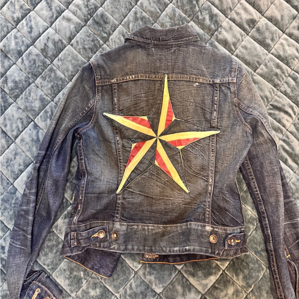 Lucky Brand Distressed Blue Denim Jacket with Red, White & Blue Star Patch